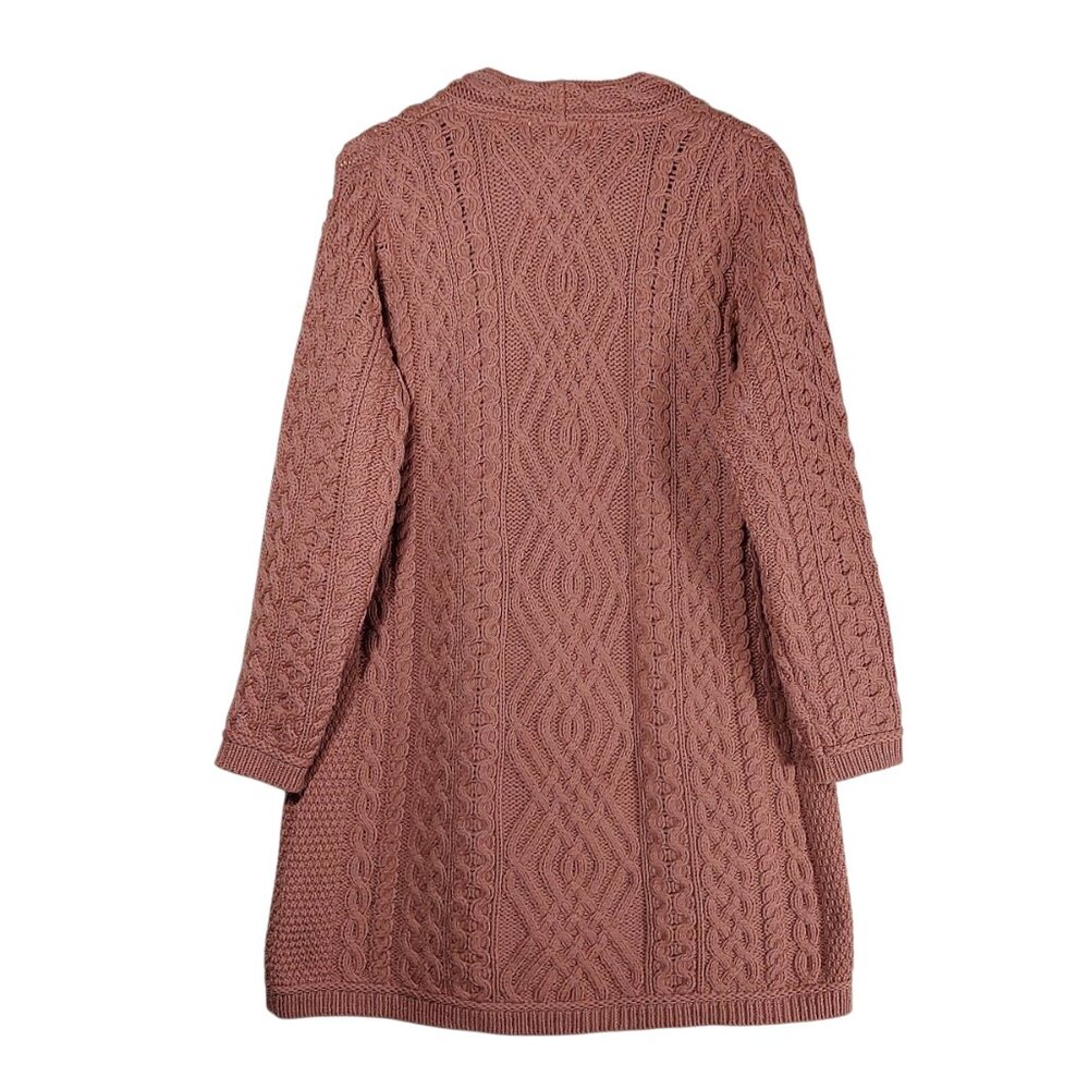 Aran Crafts 100% Merino Wool Cable Knit Long Cardigan Coat Rose/Mauve Cozy XL - Picture 5 of 7